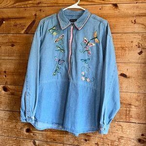 Sierra Pacific Denim Floral & Dragonfly Embroidered Top